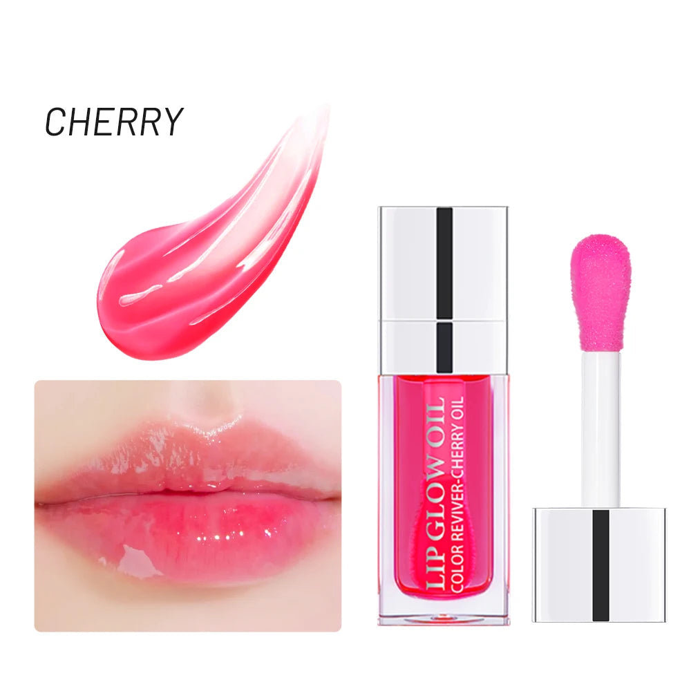 Lip gloss product with pink color swatch, applicator, and close-up of lips wearing the gloss.