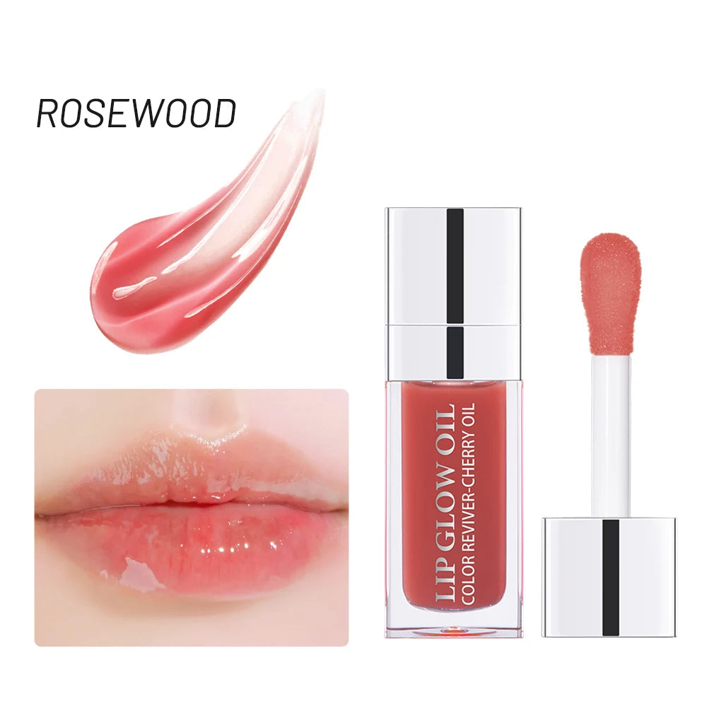 Lip gloss with applicator, swatch, and close-up of lips wearing the product on a white background.
