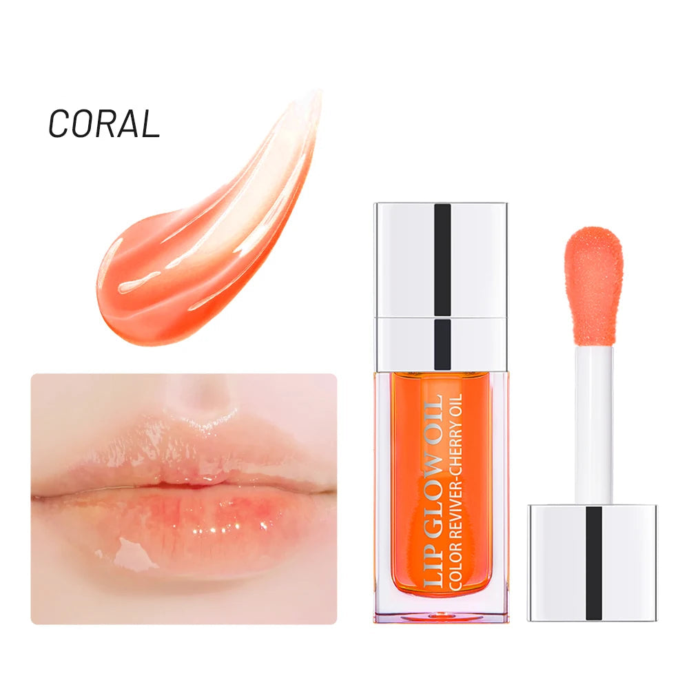 Lip gloss with coral color swatch, applicator, and close-up of lips wearing the gloss on a white background.
