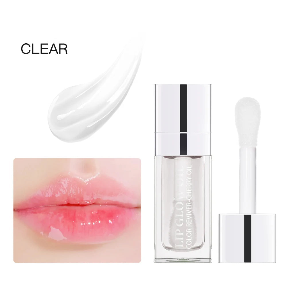 Clear lip gloss with applicator and close-up of lips wearing the gloss on a white background