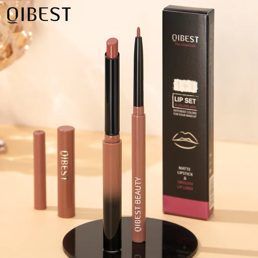 QIBEST Creamy Matte Anti-Dry Nude Lipstick Pen & Lip Liner Set
