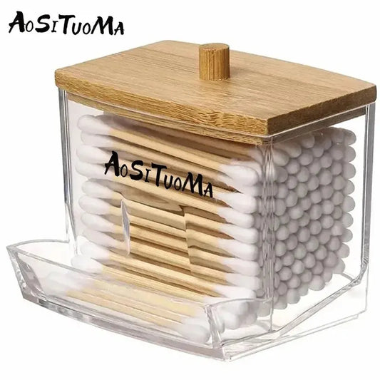AOSITUOMA Boîte à cotons-tiges de salle de bain élégante en bois transparent