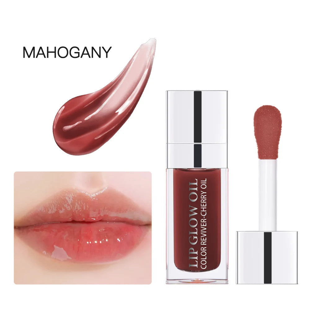 Lip gloss with applicator and color swatch labeled '020 Mahogany' on a white background.