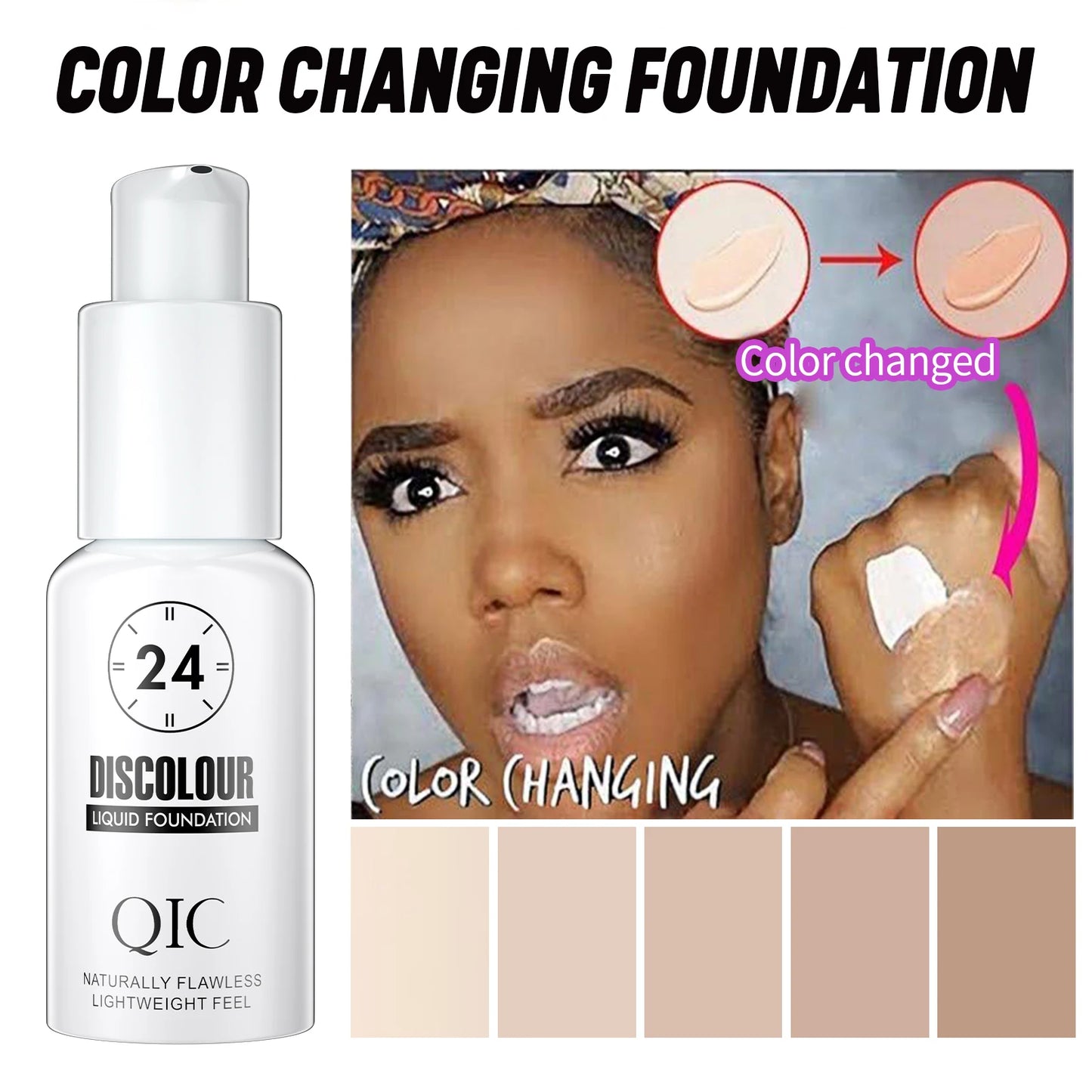 Fond de teint QIC Magic Color Changing - Base de maquillage hydratante, mate et douce, longue tenue