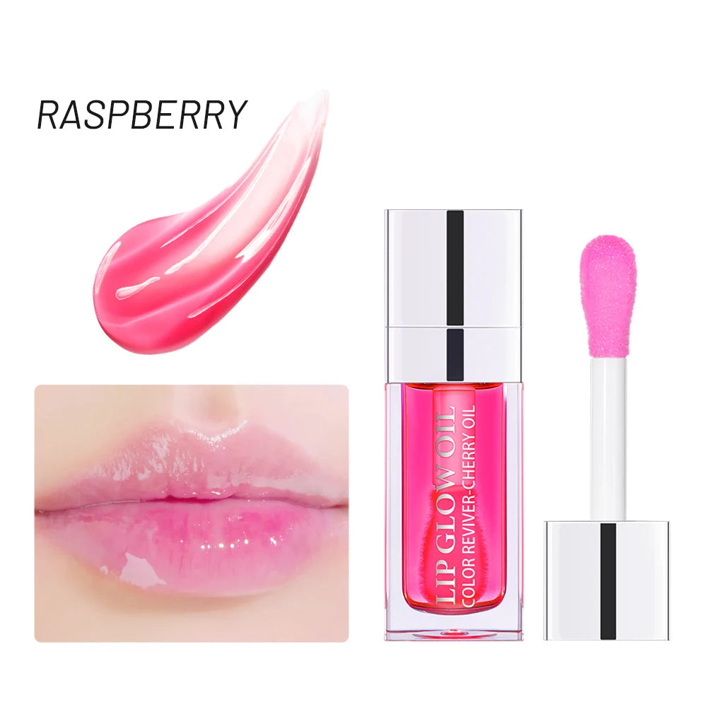 Lip gloss with raspberry color swatch, applicator, and close-up of lips wearing the product on a white background.