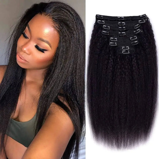 HAPPY MONDAY Kinky Straight Clip-In Human Hair Extensions - 100% Brazilian Remy, 8pcs Set