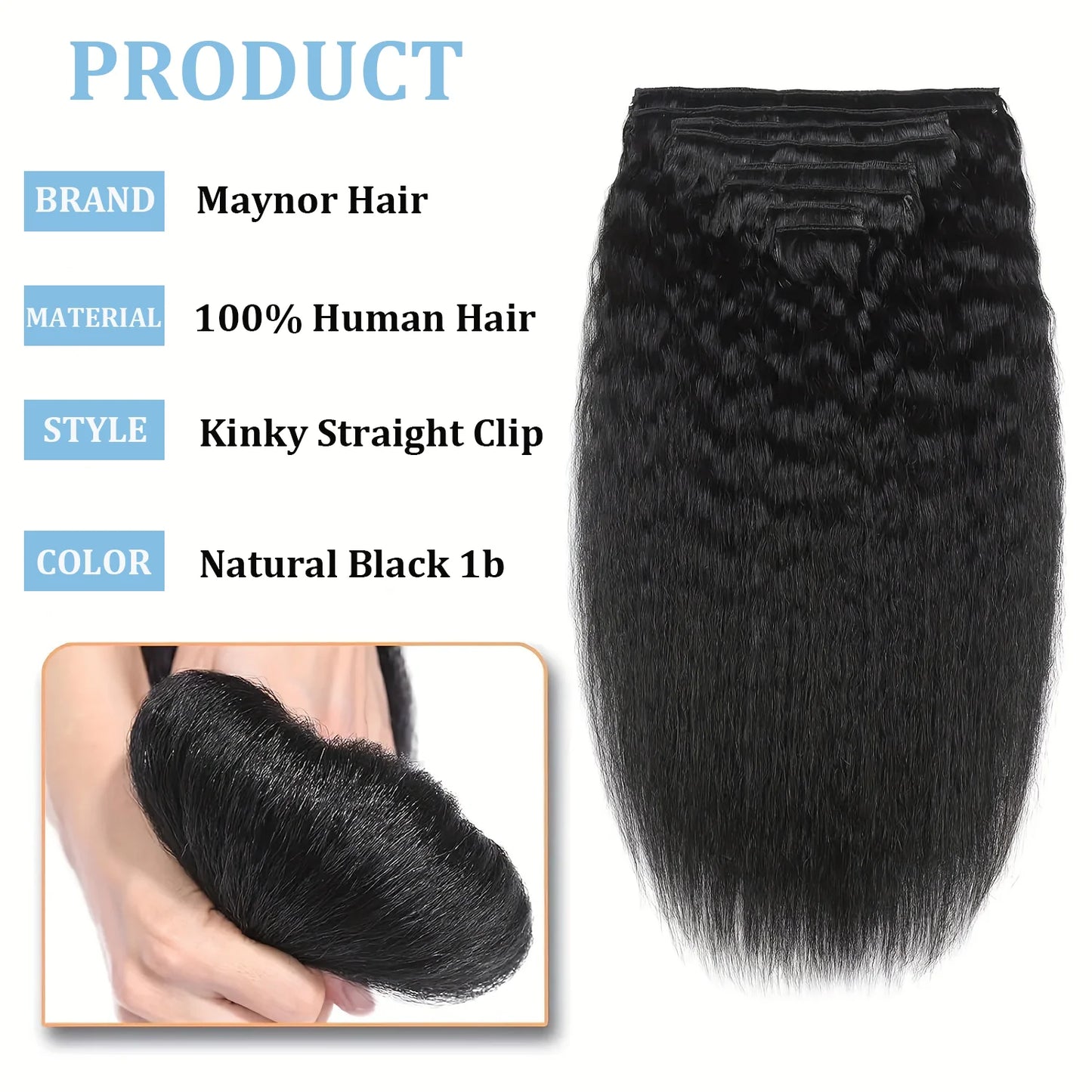 HAPPY MONDAY Kinky Straight Clip-In Human Hair Extensions - 100% Brazilian Remy, 8pcs Set