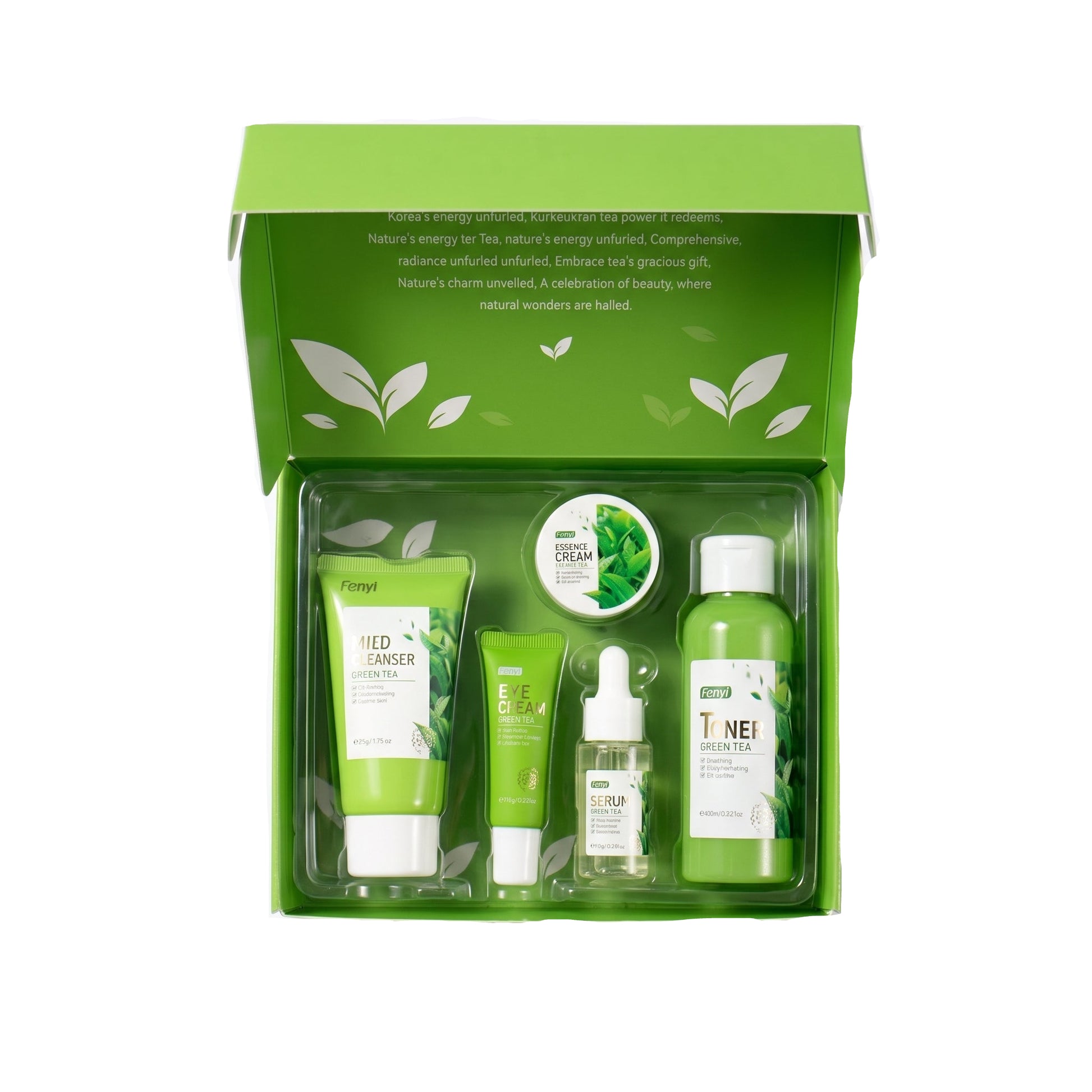 A green tea skincare gift set in a branded green box, containing a tube, small tube, dropper bottle, and toner bottle, photographed on a clean white background with a small leaf at the bottom right.