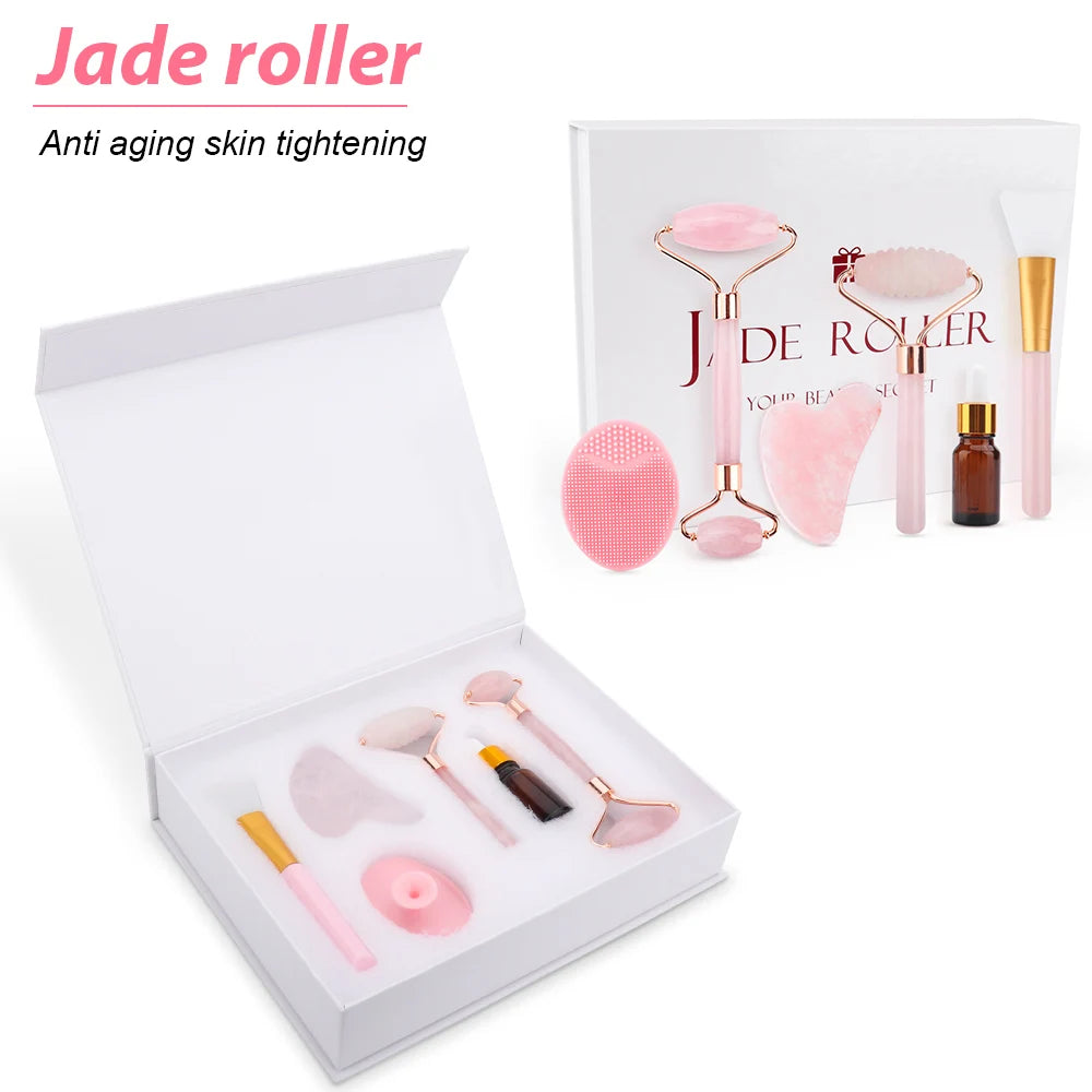 Ensemble de rouleaux de Jade et Gua Sha, masseur de visage à Quartz Rose 6 en 1, boîte-cadeau, masseur pour la beauté du visage, outils de soins de la peau