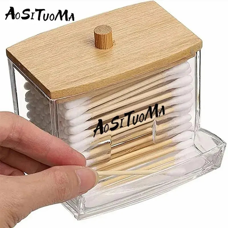 AOSITUOMA Stylish Wooden Transparent Bathroom Cotton Swabs Holder Box