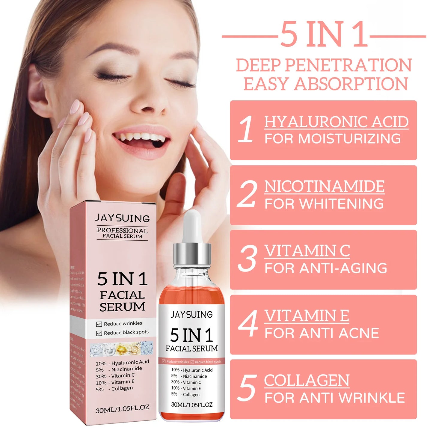 JAYSUING 5-in-1 Face Serum with Hyaluronic Acid & Vitamin C