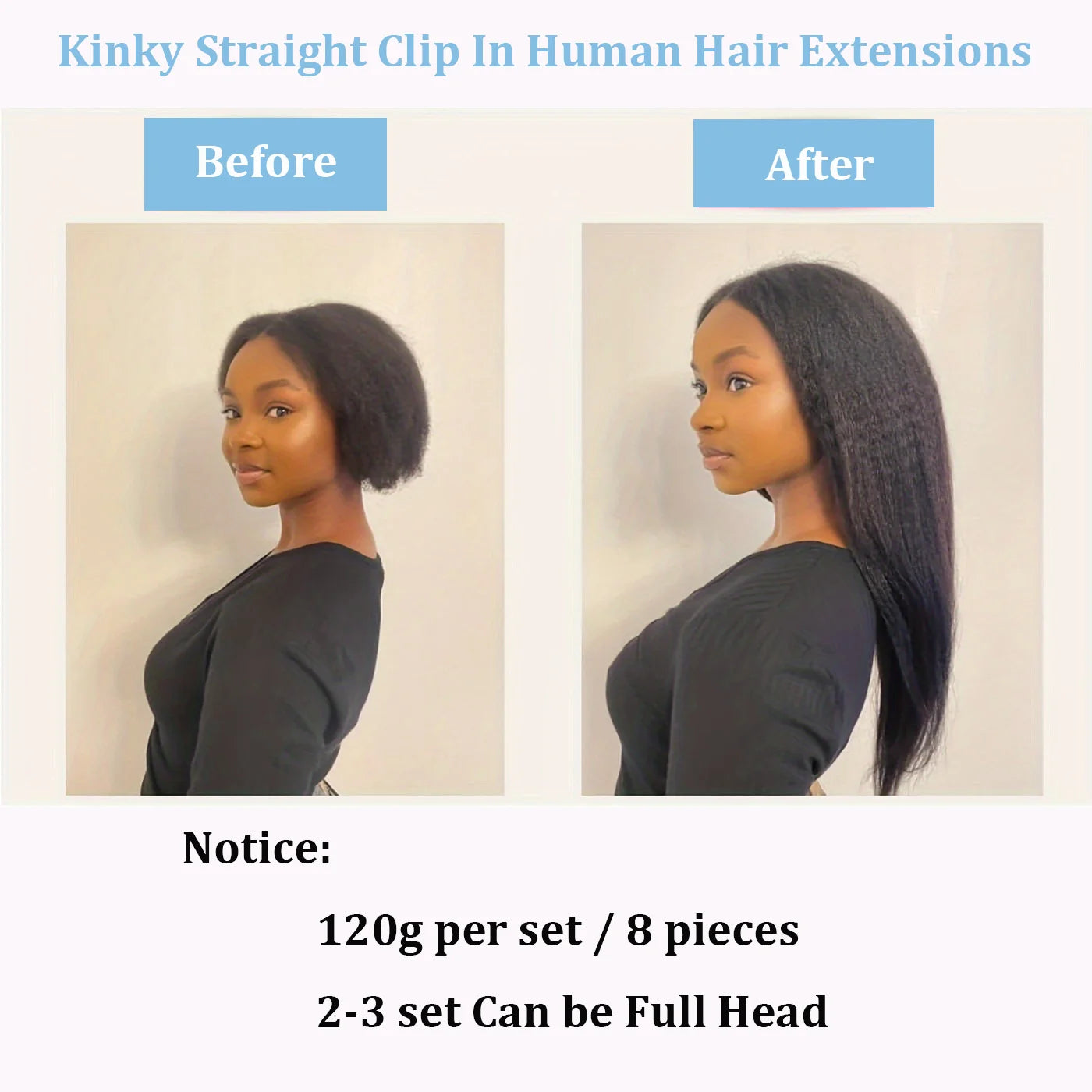 HAPPY MONDAY Kinky Straight Clip-In Human Hair Extensions - 100% Brazilian Remy, 8pcs Set