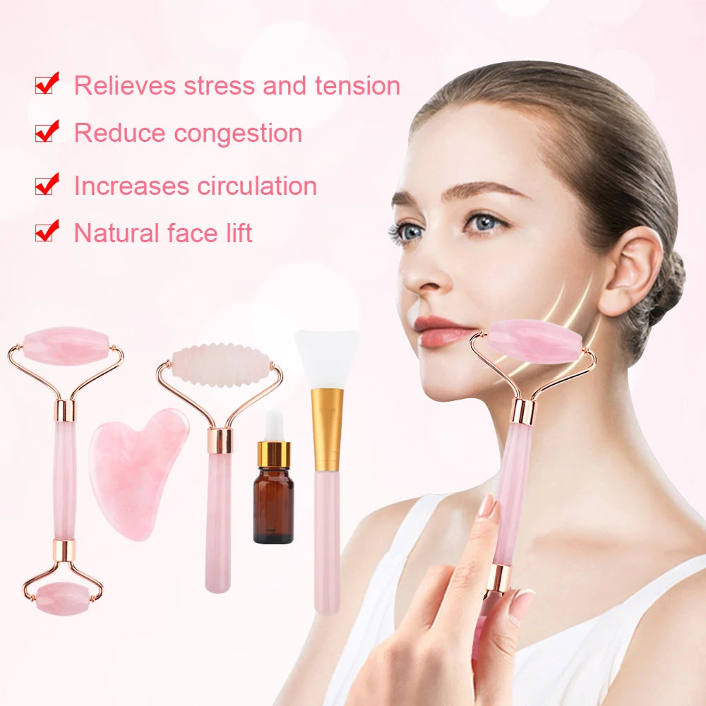 Ensemble de rouleaux de Jade et Gua Sha, masseur de visage à Quartz Rose 6 en 1, boîte-cadeau, masseur pour la beauté du visage, outils de soins de la peau